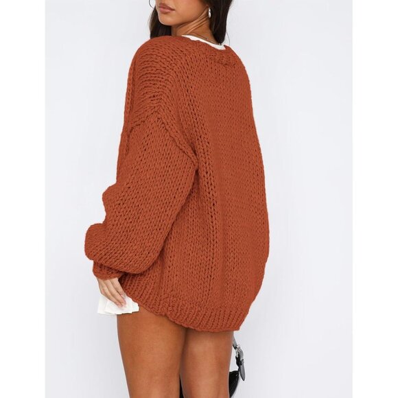 Womens Trendy Cardigan Sweaters Rust Red Long Sleeve Chunky Knit Outfits - Picture 2 of 8